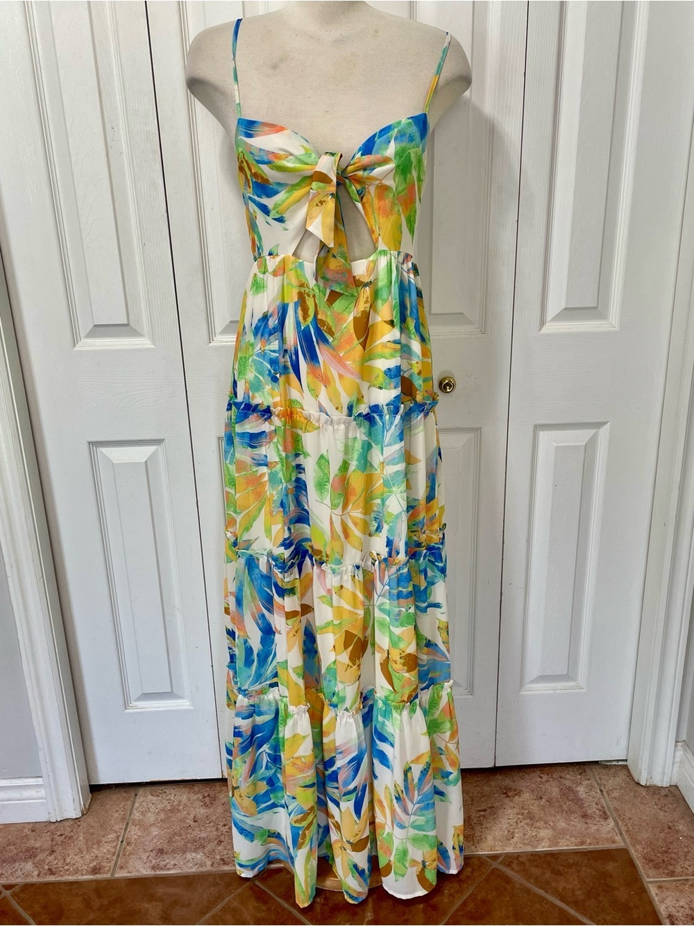 Flying Tomato Tropical Tie-Front Maxi Dress in Blue, Green & Yellow